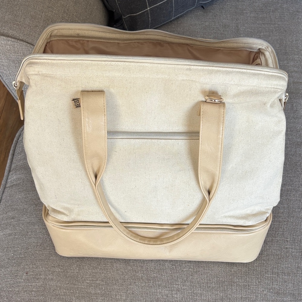 BEIS Weekender Canvas & Faux Leather Tote Bag in Beige